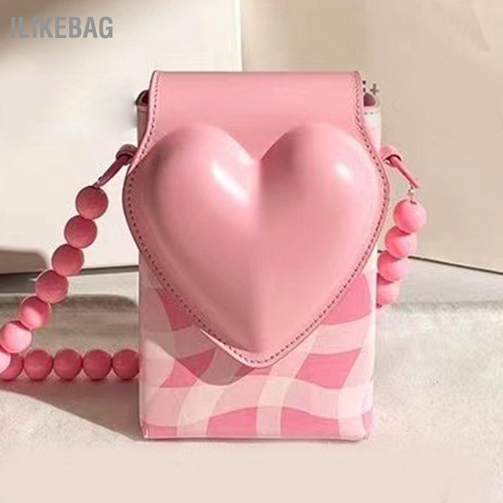Ilikebag Túi Đeo Vai Nữ Hình Trái Tim Đáng Yêu Chuỗi Hạt Da PU Chặn Màu Dây