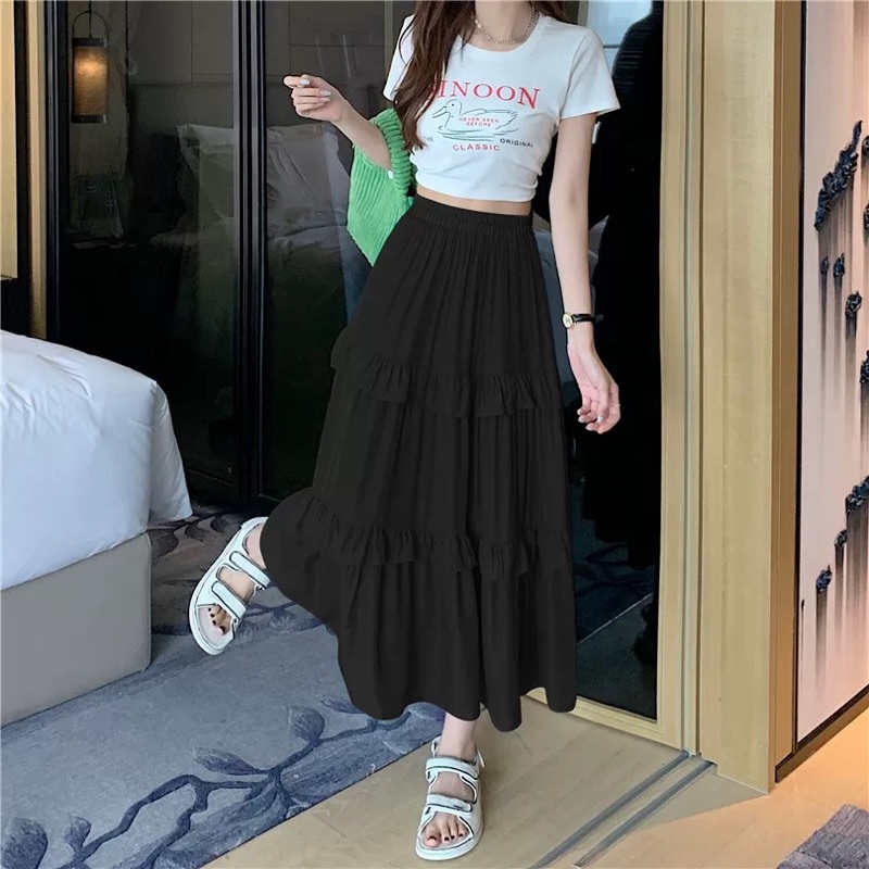 Chân váy lụa xoè hai tầng dáng dài hàng Quảng Châu