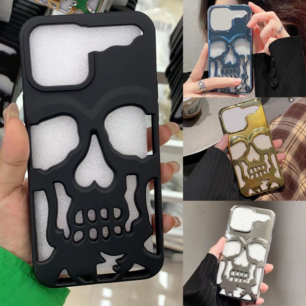 Ốp Điện Thoại TPU Mềm Họa Tiết Đầu Lâu Khoét Rỗng Mạ Điện Cho iPhone 14 14Plus 14Pro Max 13Pro 11 12Pro