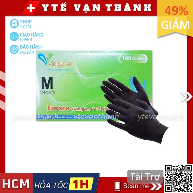 ✅ Găng Tay Y Tế Nitrile (Không Bột) VietGlove (MÀU ĐEN) (Hộp 100 Cái) | Bao Tay Phun Xăm -VT0857 | Y Tế Vạn Thành