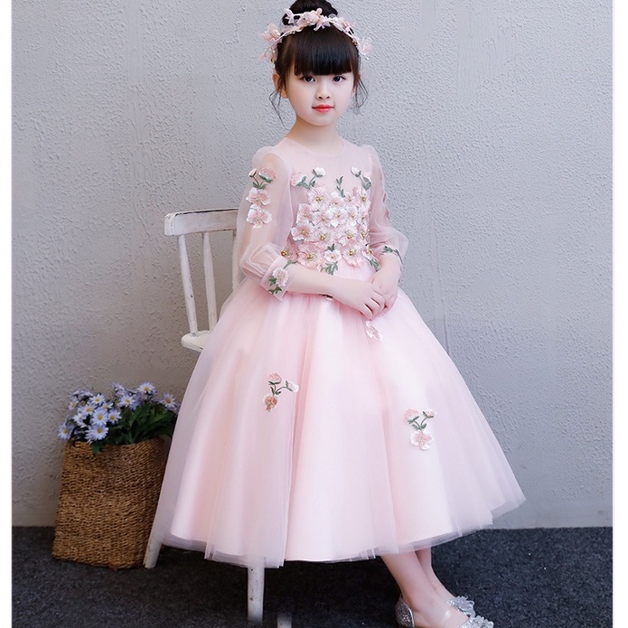 Đầm Hồng dài Ren Thêu cao cấp cho bé gái - AVALYA KIDS