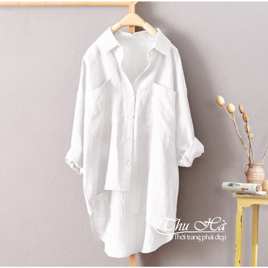 Áo sơ mi đũi nữ bigsize từ 40 đến 95kg Thu Hà form dài rộng kiểu tà lệch trẻ trung sang chảnh SMH.31