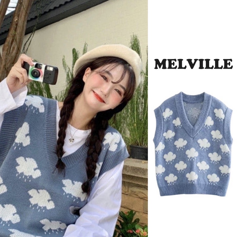 MELVILLE Áo gile len Ulzzang Không Tay, Áo Len sweater nữ Cổ Chữ V kiểu hàn form rộng họa tiết phối đám mây dễ thương