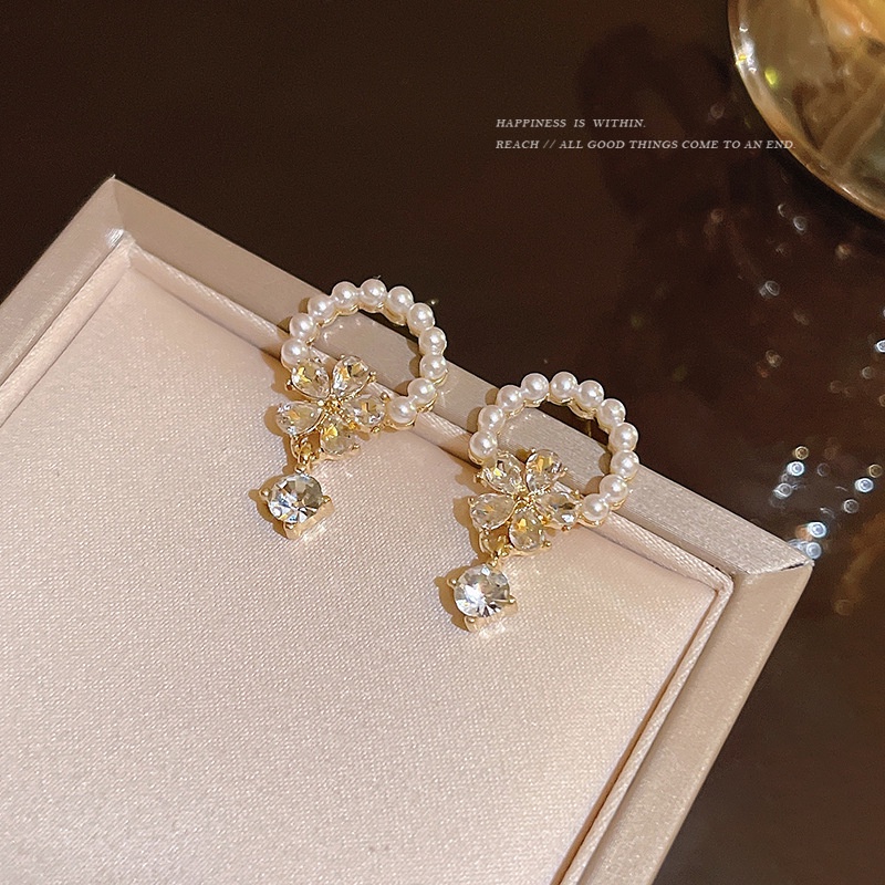 Bông Tai Hàn Quốc Dongdaemun Ngọc Trai Đơn Giản Đính Kim Cương Toàn Diện