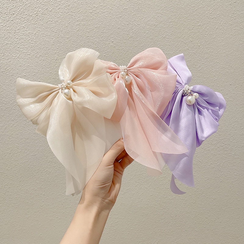 Kẹp Tóc Nơ Đính Ngọc Trai Ba Chiều Cỡ Lớn Bằng Satin Cao Cấp Phong Cách Vintage Pháp