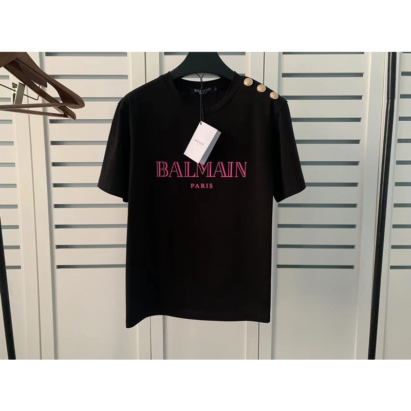 22ss spring and summer new Balmain shoulder gold buckle balmain gilding letter cotton T-shirt couple