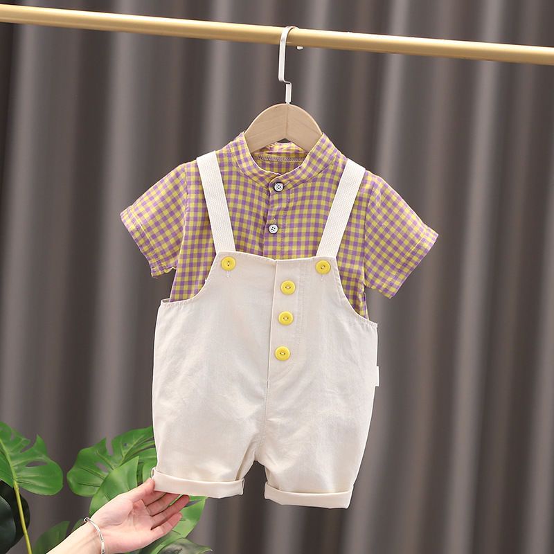 0-5 tuổi bé trai/bé gái áo sơ mi kẻ sọc ngắn tay+quần short dây đeo vai