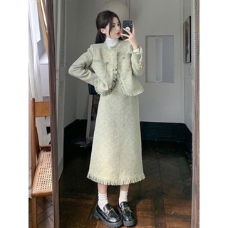 Set áo khoác dạ tweed xanh tua rua chân váy dài vintage (Ảnh thật 2-9)