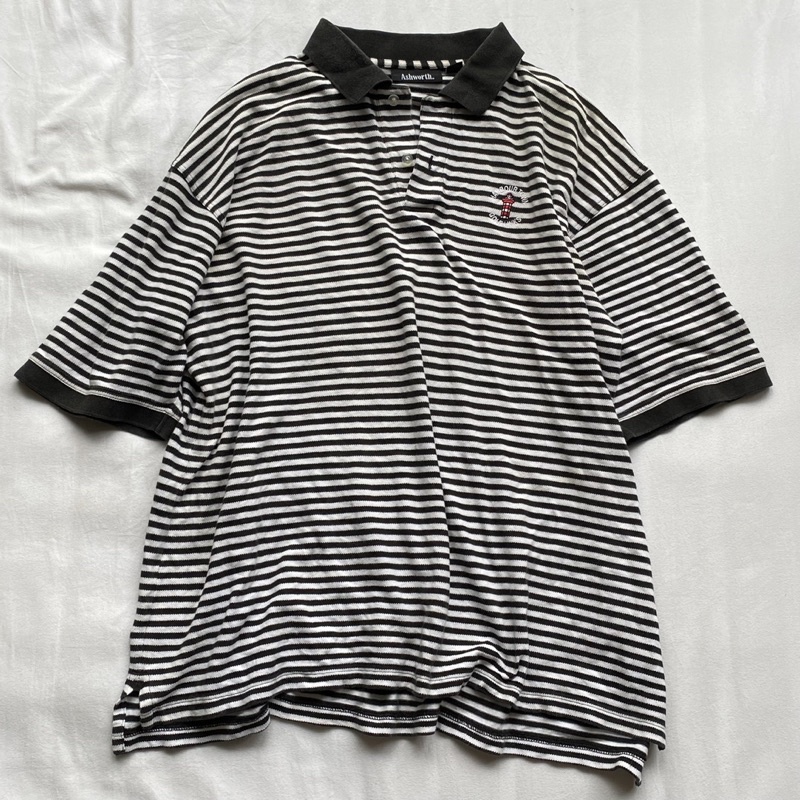 [2HAND] ASHWORTH unisex black white stripe polo shirt - áo thun có cổ nam nữ polo oversize rộng sọc trắng đen to 90s