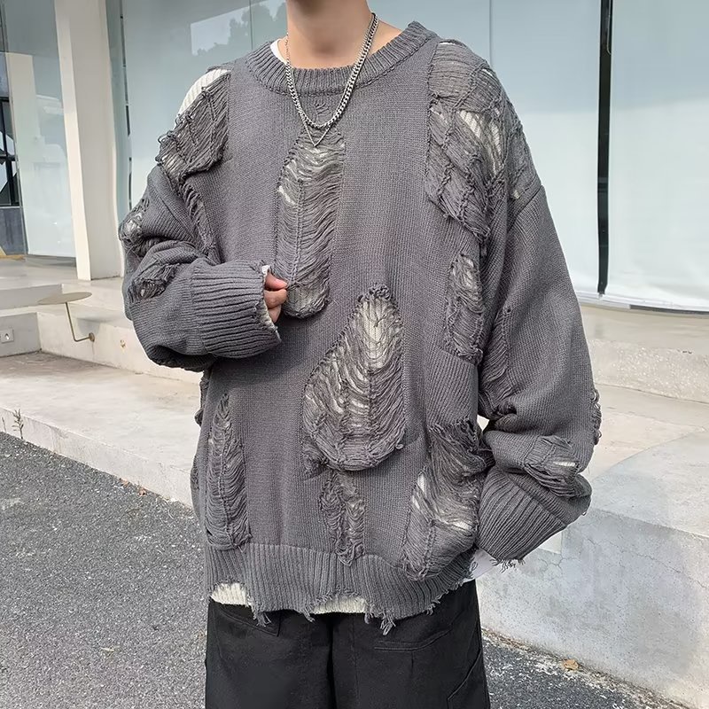 Áo sweater Cổ Tròn Thiết Kế Xẻ Rách Phong Cách retro Mỹ Cho Nam