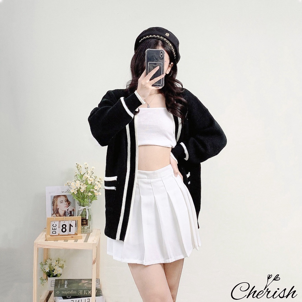 Áo khoác len Cardigan nữ viền hai màu đen, trắng phong cách Hàn Quốc - Cherish CD02