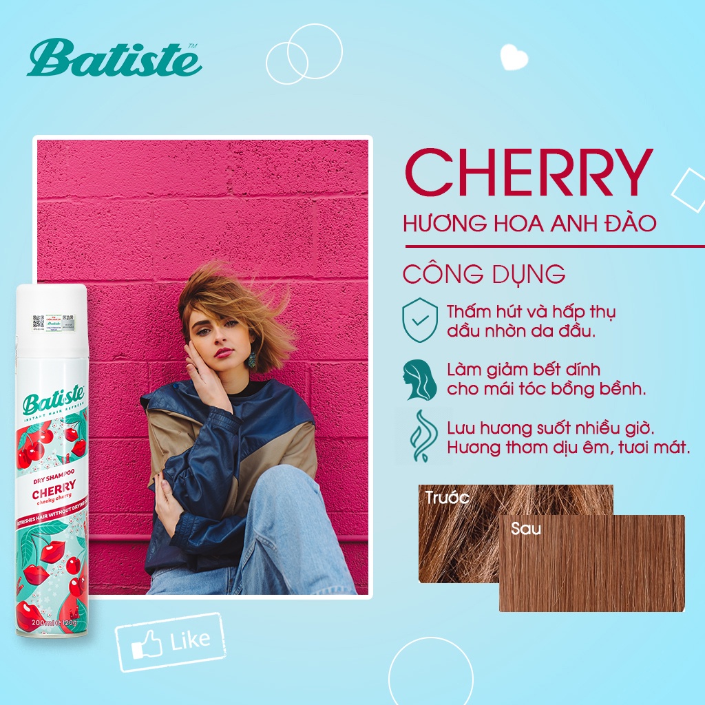 Combo 2 Chai Dầu Gội Khô Batiste Cherry Hương Hoa Anh Đào Cho Tóc Hết Bết Dính Siêu Tiết Kiệm 200ml