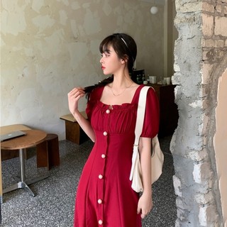 Đầm cổ vuông nút ngọc 2 màu mặc đi làm đi chơi đều xinh (kèm hình thật)