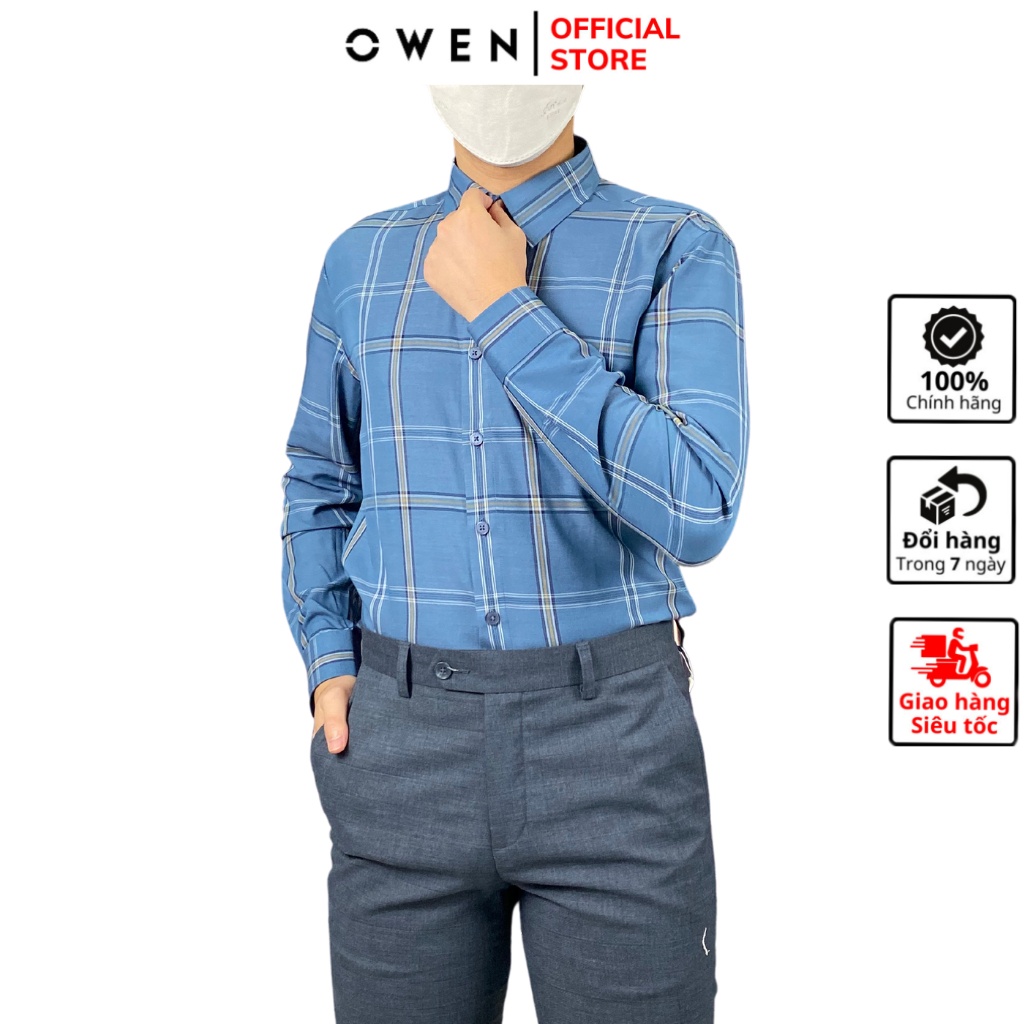 Áo sơ mi dài tay nam OWEN AR220812D somi công sở vải bạc hà cao cấp kẻ caro xanh đậm dáng regular fit tà lượn không túi
