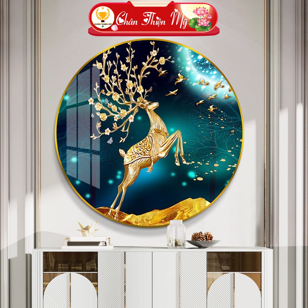 Tranh Tráng Gương Pha Lê Tròn CHÂN THIỆN MỸ, Decor Treo Tường Trang Trí Phòng Hươu Nai Tài Lộc TG-T1-019