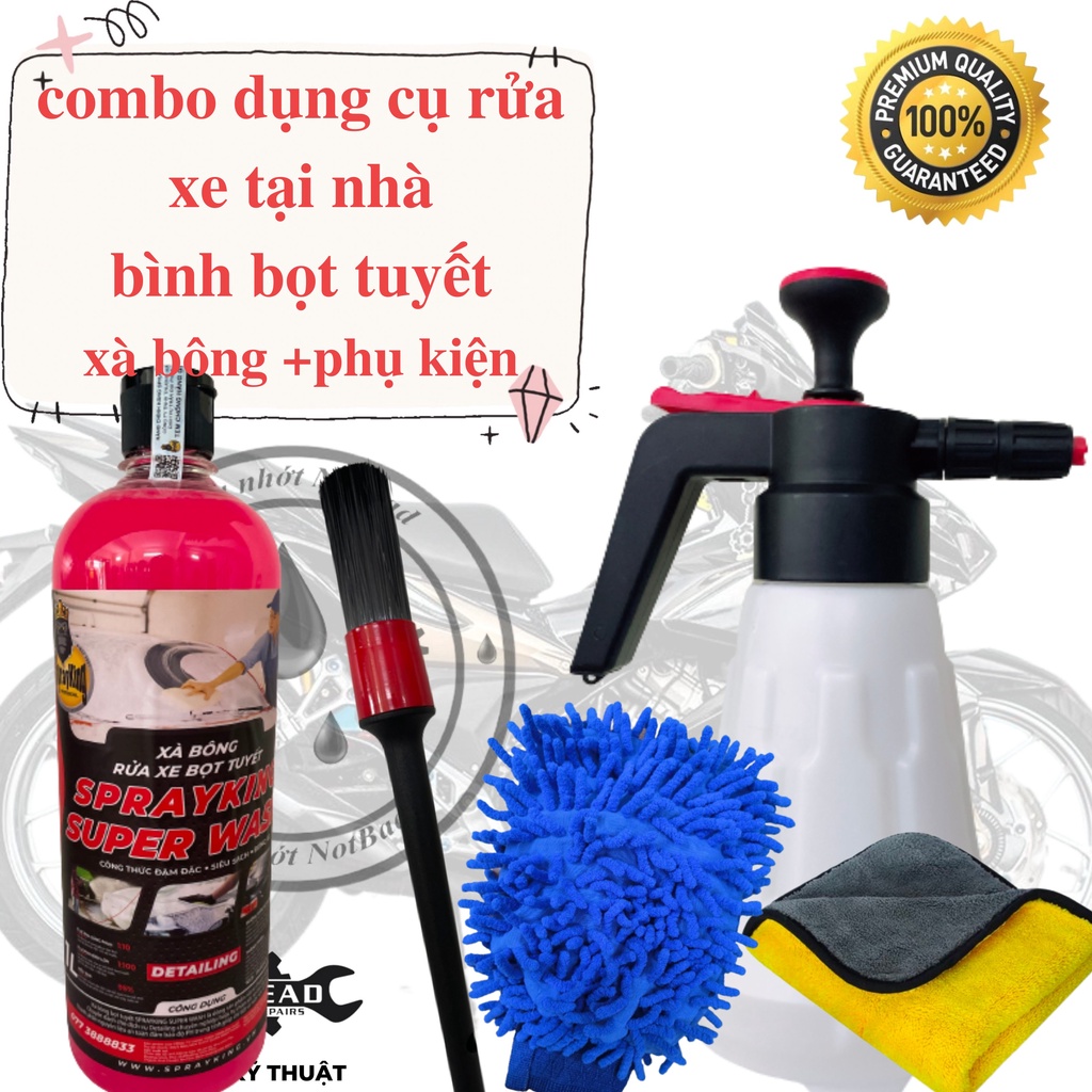 Combo bình xịt bọt tuyết 2L và Nước rửa xe có chạm sprayking 1L và full dụng cụ rửa xe