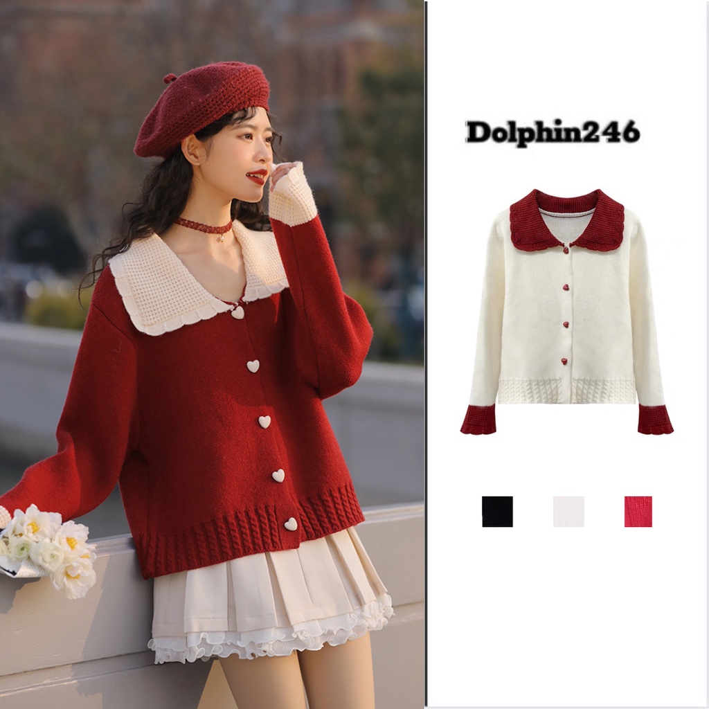 Áo khoác len cardigan nữ tay dài đỏ noel tết giáng sinh dáng ngắn dệt kim cổ bẻ cúc trái tim vintage Hàn Quốc E2-12.1