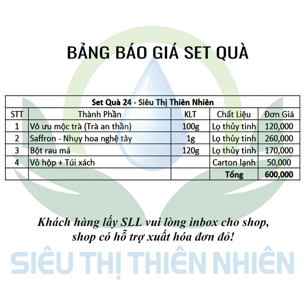 Set quà Trà an thần, bột rau má, saffron nhụy hoa nghệ tây Siêu thị thiên nhiên - Hộp quà biếu tặng Mộc Sắc số 24
