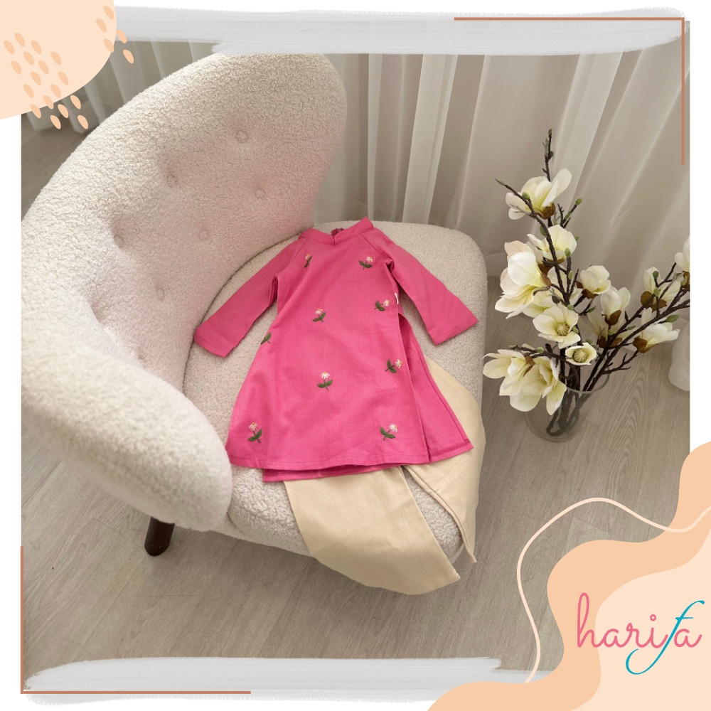 BADT010 Áo dài bé gái - chất liệu linen thêu tay - hoa tiết hoa lác đác - 1-6 tuổi
