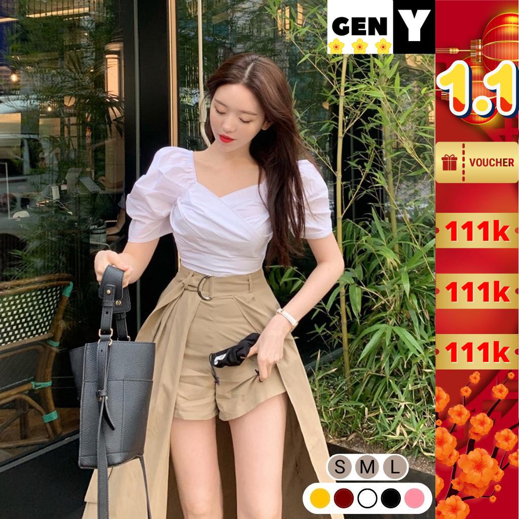 Áo croptop nữ tay phồng nhúng sau lưng ôm dáng GenY, Áo kiểu nữ đắp chéo ngực phong cách tiểu thư