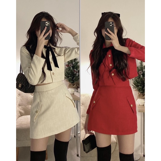 SET DẠ TEX CÚC ĐỒNG MIX NƠ CỔ”HAZIN”DIỆN TẾT XINH