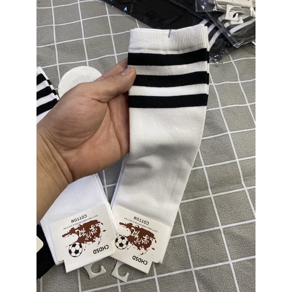 Vớ dài cao cổ trẻ em từ 3-9 tuổi, tất đùi gối mặc váy bé gái 3 sọc chất liệu cotton thấm hút co giãn tốt