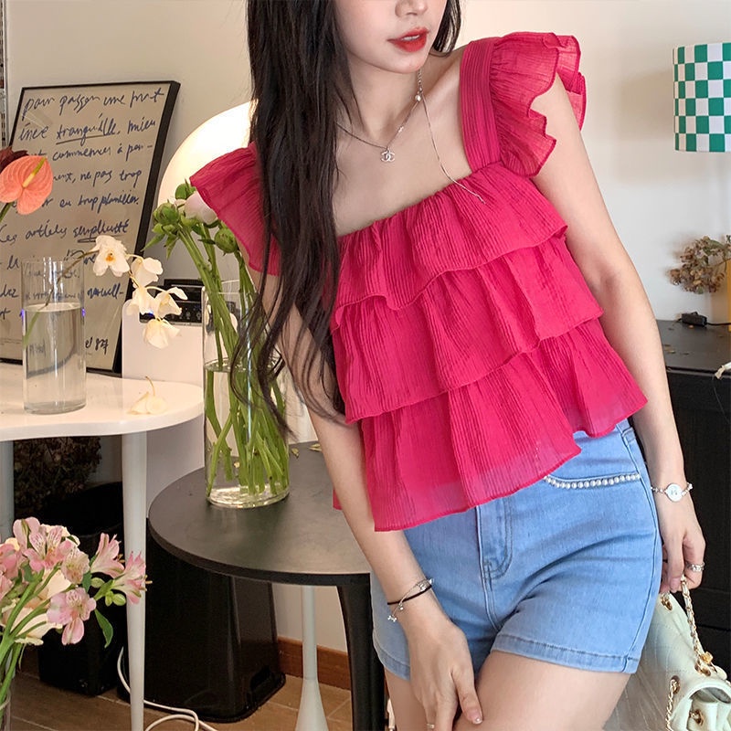 Áo Hai Dây Cổ Vuông Phối Bèo Màu Hồng Phong Cách Hàn Quốc