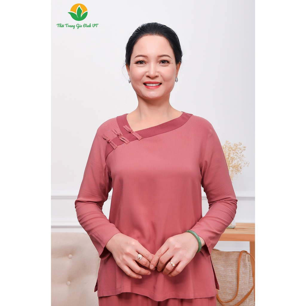 Đồ bộ lanh trung niên Việt Thắng quần dài áo dài tay phối cổ - B30.2302