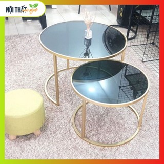 Bàn trà cặp tròn mặt kính đen, bàn trà sofa đôi hiện đại đường kính 50cm và 70cm, bàn tròn đường kính 60cm đẹp