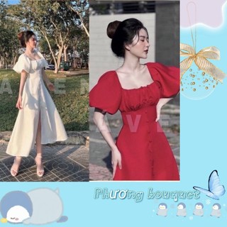 Váy dúm ngực cúc bọc tay bồng, đầm cổ vuông xẻ tà