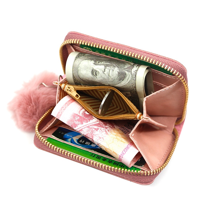 Ielgy Ví Nữ Màu Trơn Có Khóa Kéo Với Bóng Lông