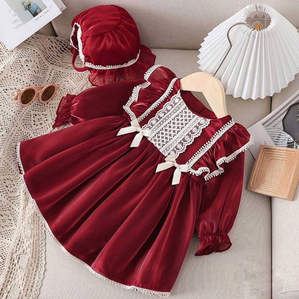 Váy Đầm Lụa Đỏ Kèm Nón Bé Gái Miababy Đầm Đỏ Nơ Mặc Tết Cho Bé 2 3 4 5 Tuổi