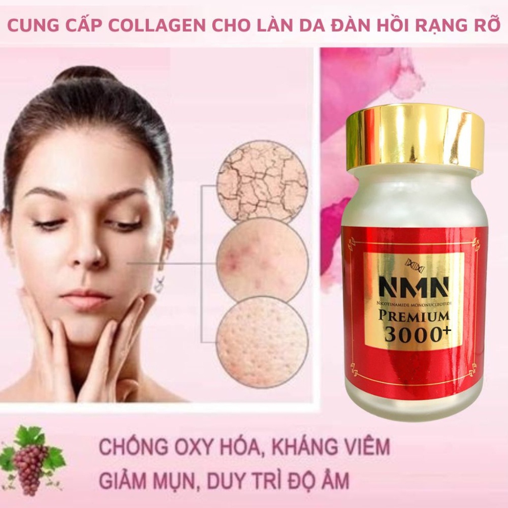 Viên uống NMN Premium 3000+ 60 viên Nhật Bản, Hỗ trợ làm đẹp da & sức khỏe, Viên NMN 3000+ giúp da sáng mịn