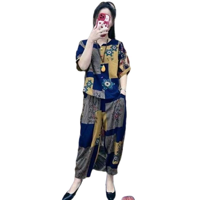 Set Áo Thun Ngắn Tay In Họa Tiết + Quần Dài Phong Cách Retro Thời Trang Cho Nữ