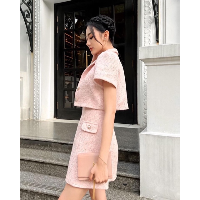 Sét dạ tweed kim tuyến cổ vest thiết kế