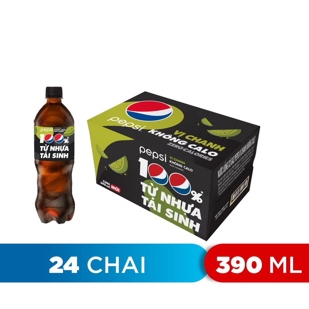 Thùng 24 Chai Nước Ngọt Có Gaz Pepsi Vị Chanh Không Calo (390ml /chai)