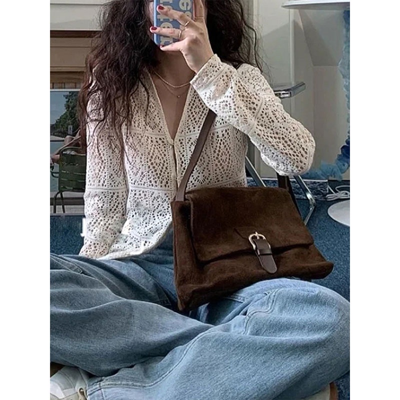 AlphaZ Túi Đeo Vai Sức Chứa Lớn Bằng Da Lộn Phong Cách Hàn Quốc Cổ Điển Thời Trang Hàng Mới Dành Cho Bạn Nữ