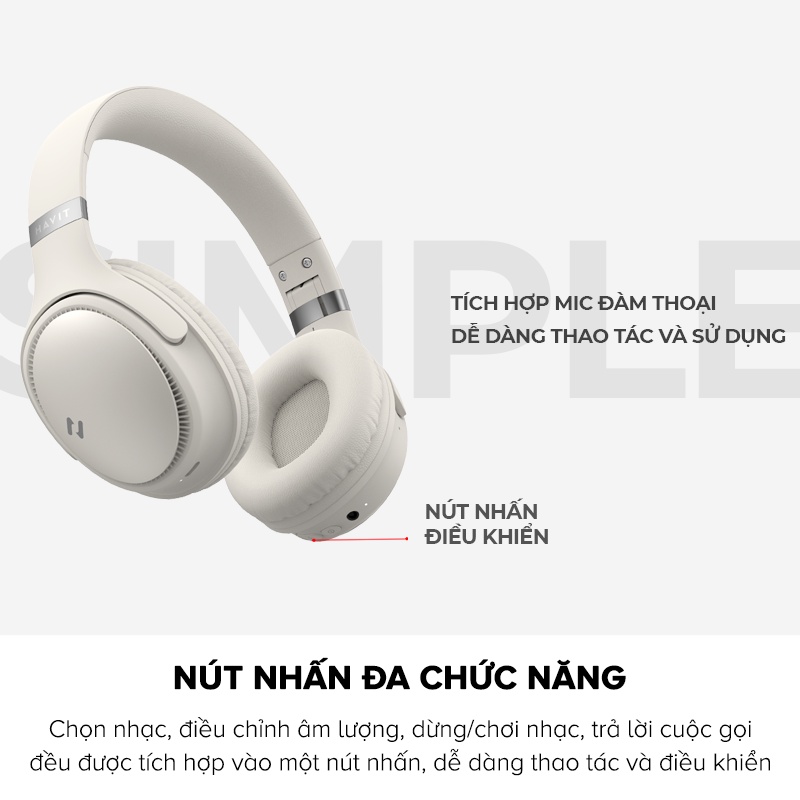 Tai Nghe Bluetooth Headphone HAVIT H630BT, Driver 40mm, BT 5.3, Gập Tiện Lợi, Nghe Đến 36H - Chính Hãng BH 12 Tháng