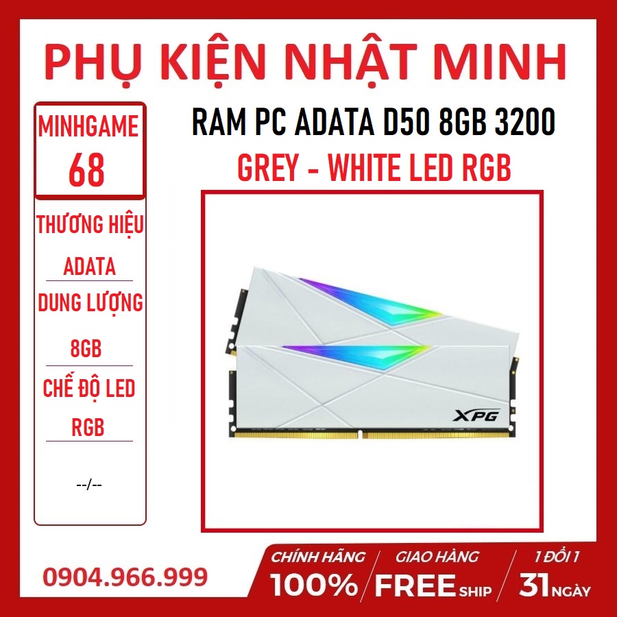 COMBO 10 Ram ADATA D50 8GB 3200 GREY