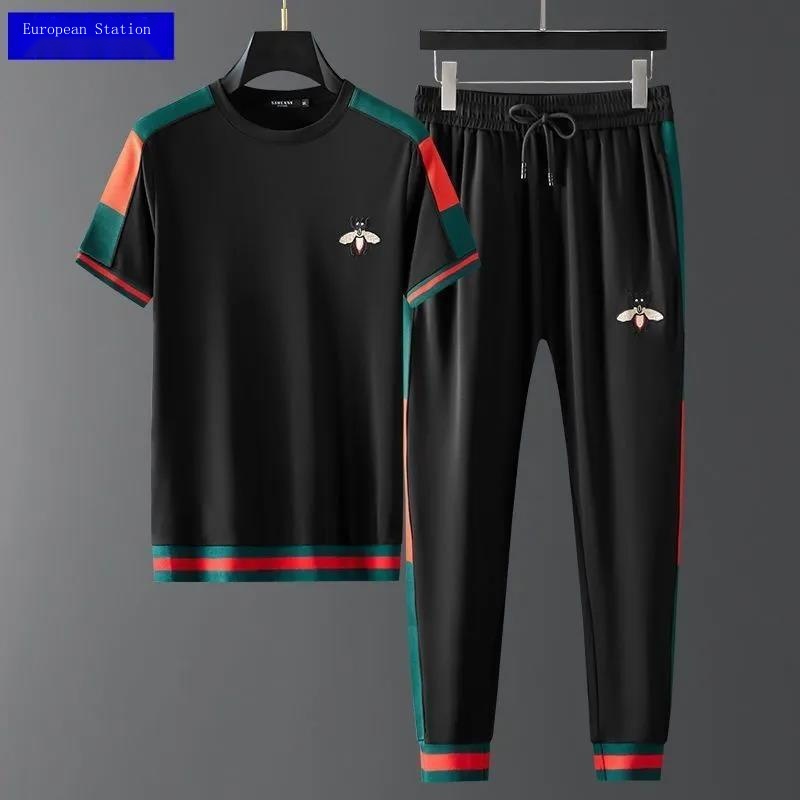 Set Đồ Thể Thao Mùa Hè Gồm Áo Thun Tay Cộc Và Quần Dài Bằng Lụa Lạnh Kích Thước Lớn Cho Nam