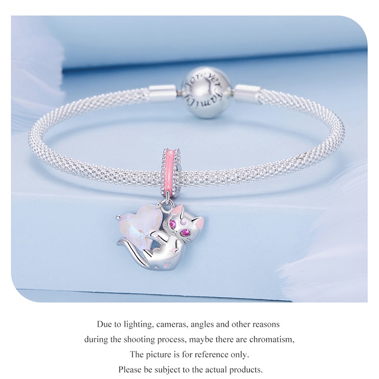 Bamoer Vòng cổ Bạc 925 Mặt Hình Mèo Hồng Thời Trang