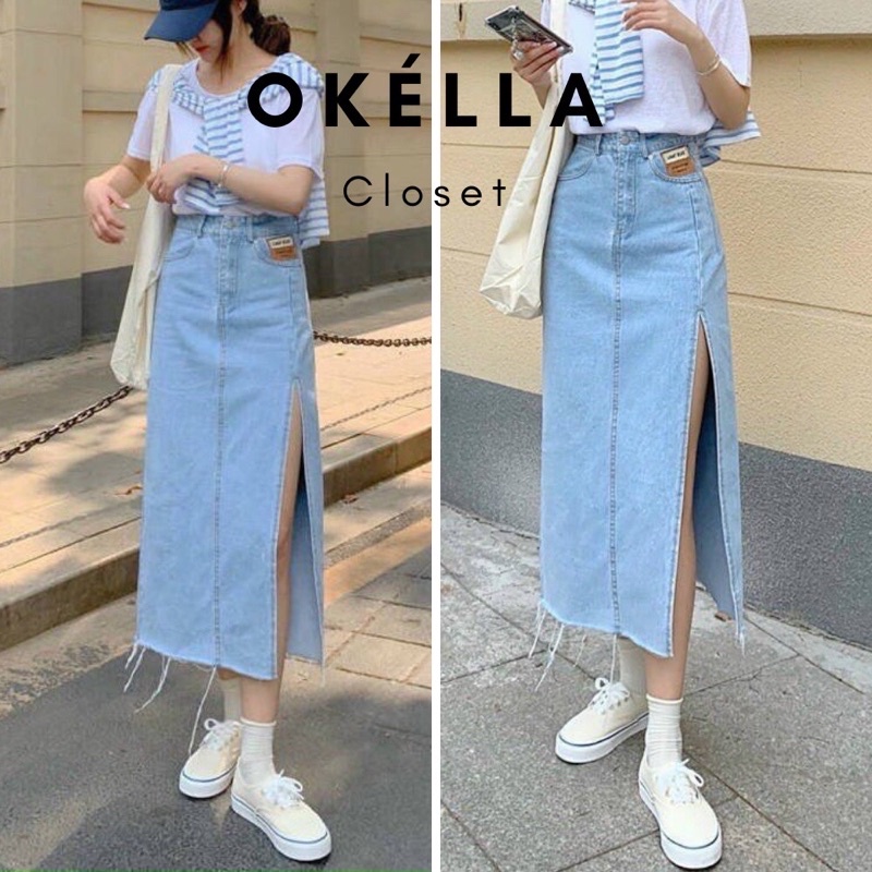 Chân váy jean dài xẻ tà