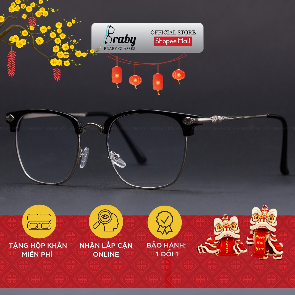Gọng kính cận nửa gọng vuông nam nữ Braby Glasses chất liệu kim loại gọng mảnh họa tiết sang trọng thời thượng MK01