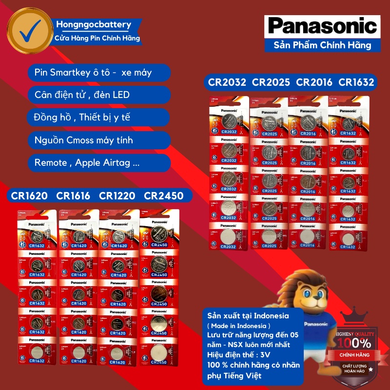 Vỉ 5 Viên Pin Panasonic CR2032 / CR2025 / CR2016 / CR1632 / CR1220 / CR1620 / CR1616 Pin 3V Lithium Made in Indonesia