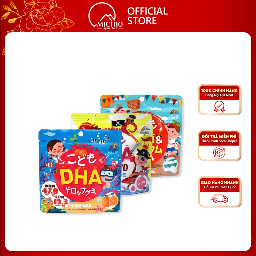 Kẹo dẻo bổ sung DHA Unimat Riken 90 viên Nhật Bản, kẹo Canxi Unimat Riken cho bé từ 3 tuổi