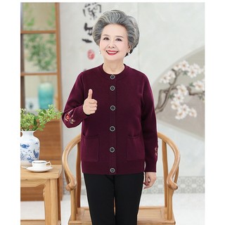 Áo khoác len cho người già, áo khoác len cài cúc thêu hoa cho bà