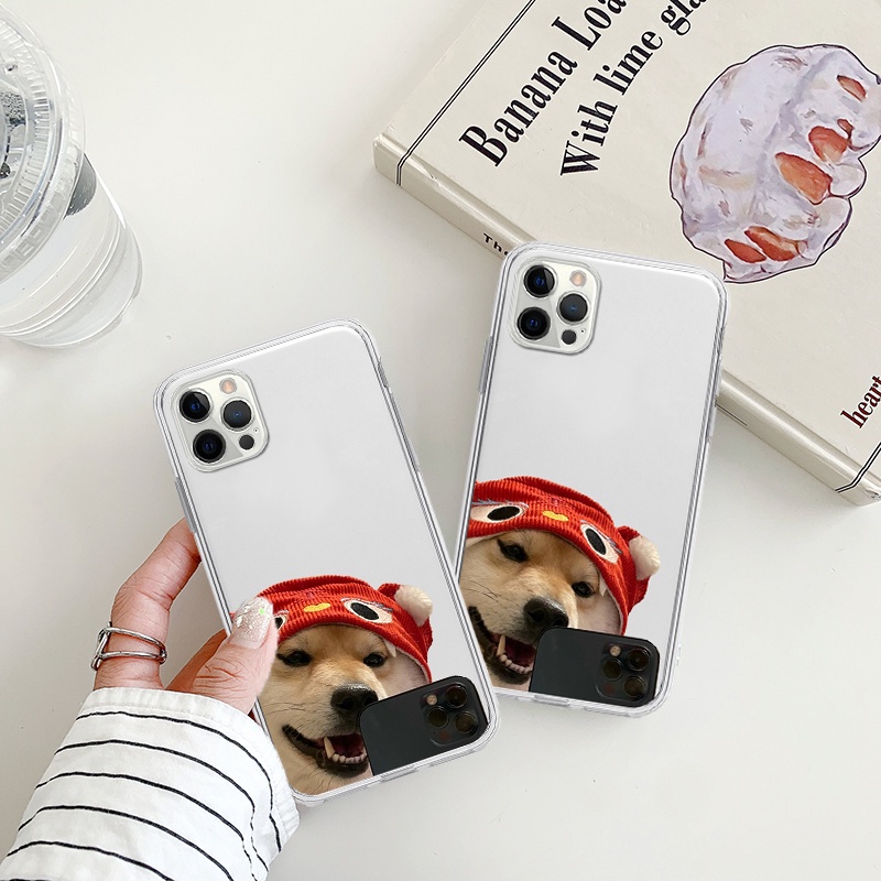 Ốp lưng iphone cạnh vuông chó mũ len đỏ tự sướng cực cute cho 6/6splus/7/7plus/8/8plus/x/xr/xs/11/12/13/14/pro/max