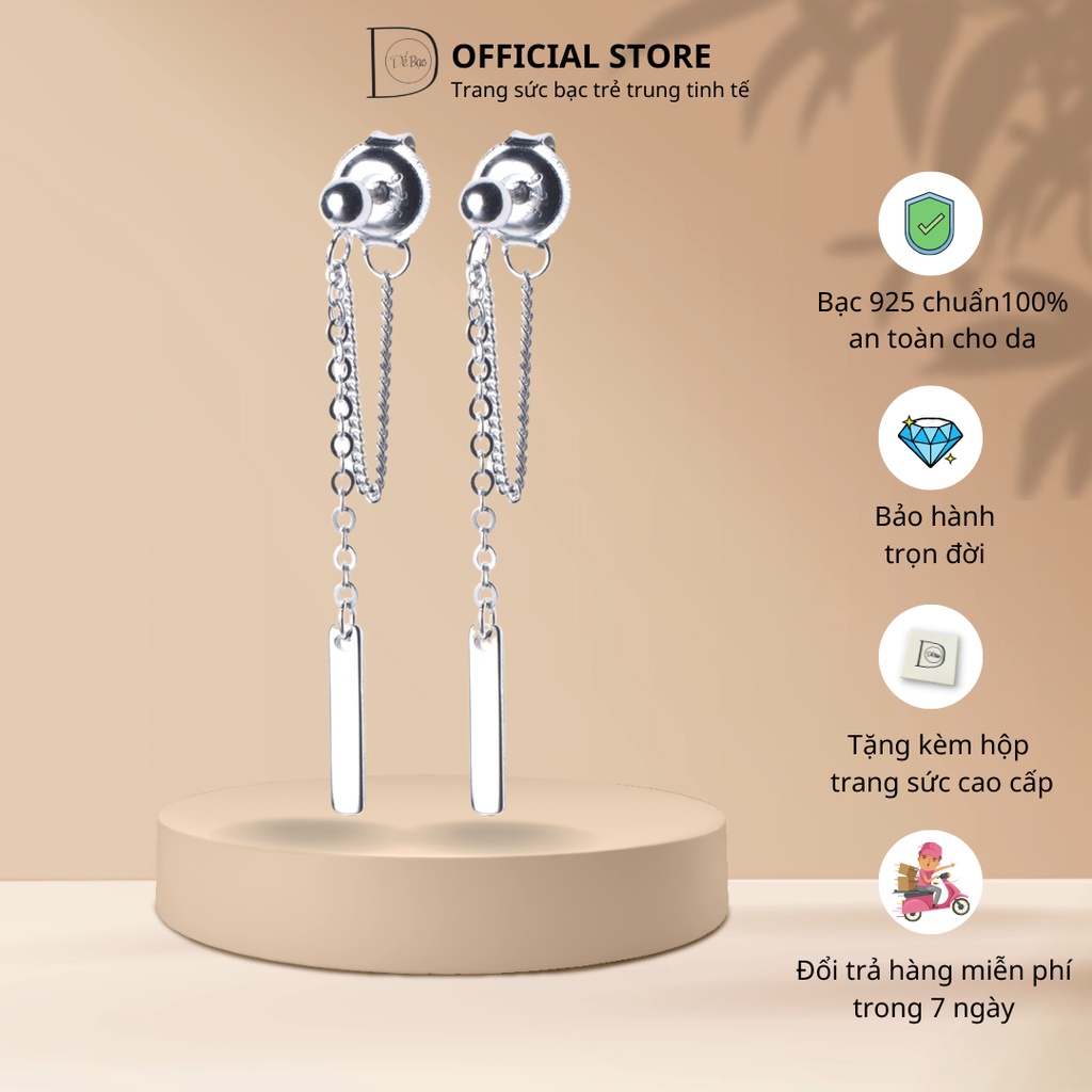 Khuyên tai bạc 925 nụ minidot thả xích treo thanh bạc liền chốt sau cá tính nổi bật Dế Bạc - K5426