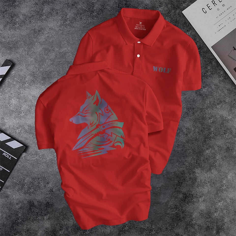 Áo polo nam Depstyle PT150 in hình sói phản quang, vải thun poly cá sấu 4 chiều mặc mát.