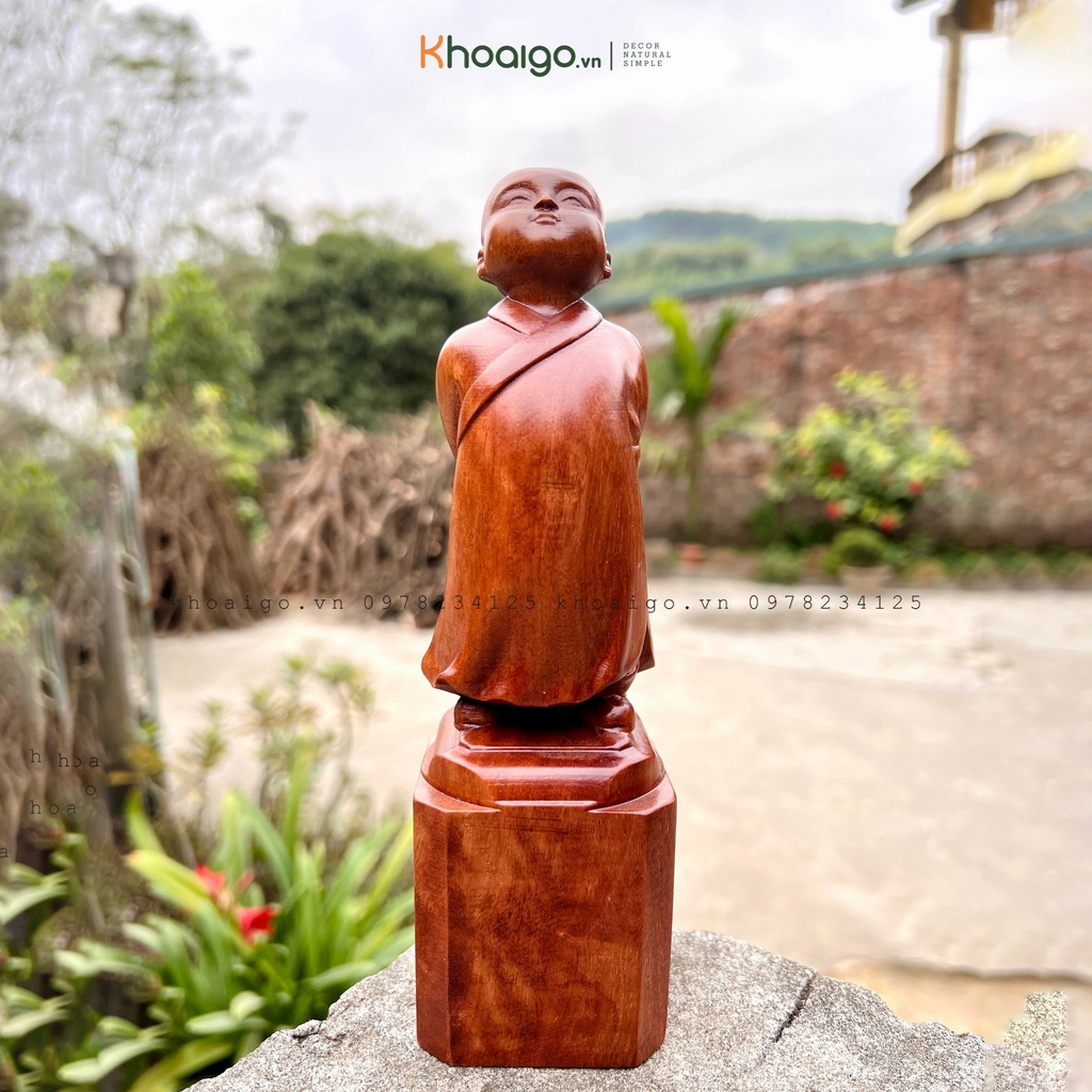 Tượng Vạn Sự Tùy Duyên - Tượng Chú Tiểu Gỗ Hương Cao 20cm, Tượng Gỗ Mini KhoaiGoDecor